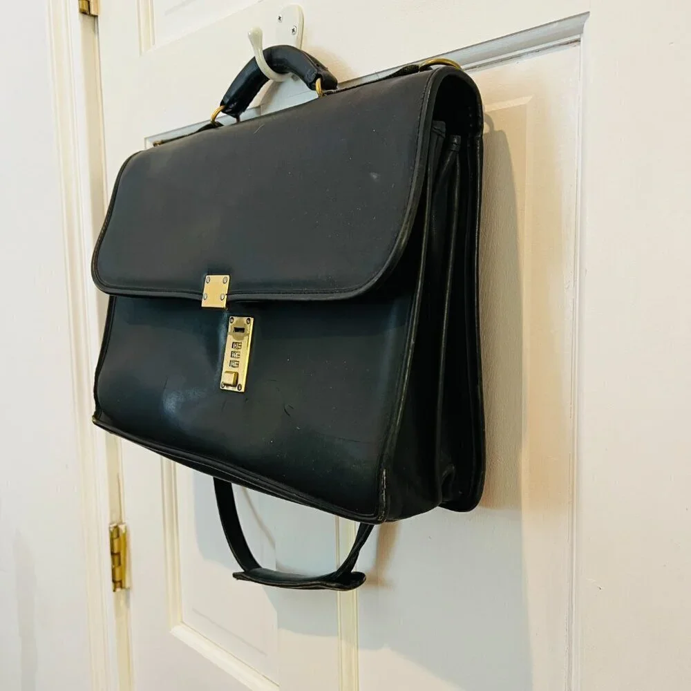 Jack Georges Leather Briefcase Messenger Bag Black Unisex Vintage Leather Gold